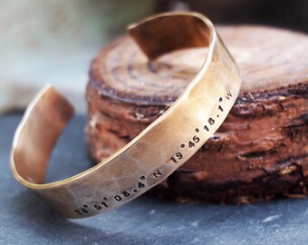 Unisex Bronze Cuff, Latitude Longitude Cuff, GPS Coordinates Bracelet,  8th Anniversary Gift, His and Hers Gift, Couples Gift