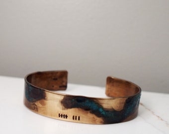 Ladies Bronze Tally Mark Bracelet with Verdigris Patina, 8th or 19th Anniversary Gift