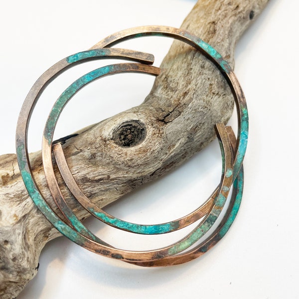 Square Copper Bangles With Verdigris Patina, Copper Anniversary Gift, 7 or 22 Year Anniversary, Boho Bangles