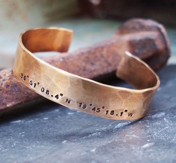 Men s Latitude Longitude Bracelet Bronze Cuff 8th or 19th