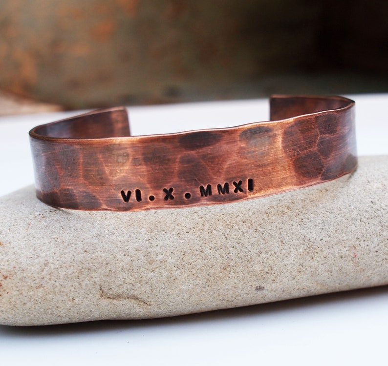 Men's Copper Bracelet, Oxidized Copper Cuff, Roman Numeral Bracelet, 7th Anniversary Gift image 10