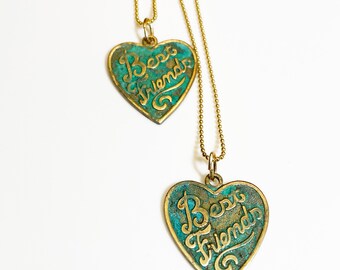 Best Friends Vintage Brass Charm Necklaces, BFF Necklaces with verdigris Patina.