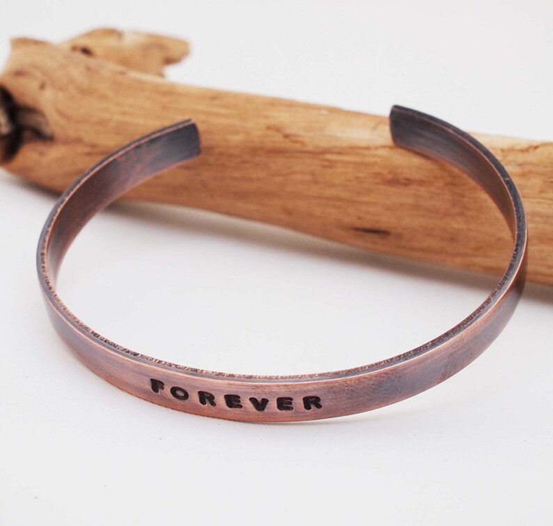 Copper Anniversary Bracelet, Oxidized Copper FOREVER cuff, 7th Anniversary Gift image 4