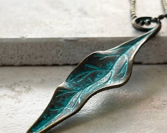 Bronze Leaf Necklace, Verdigris Patina: 8th or 19th Anniversary Gift