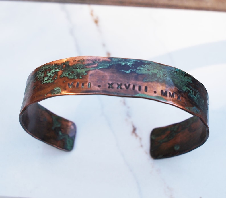 Ladies Copper Roman Numeral Bracelet with Verdigris Patina, 7th or 22nd Anniversary Gift image 4