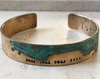 Bronze Anniversary Tally Mark Bracelet: 8th or 19th Year Verdigris Patina Cuff