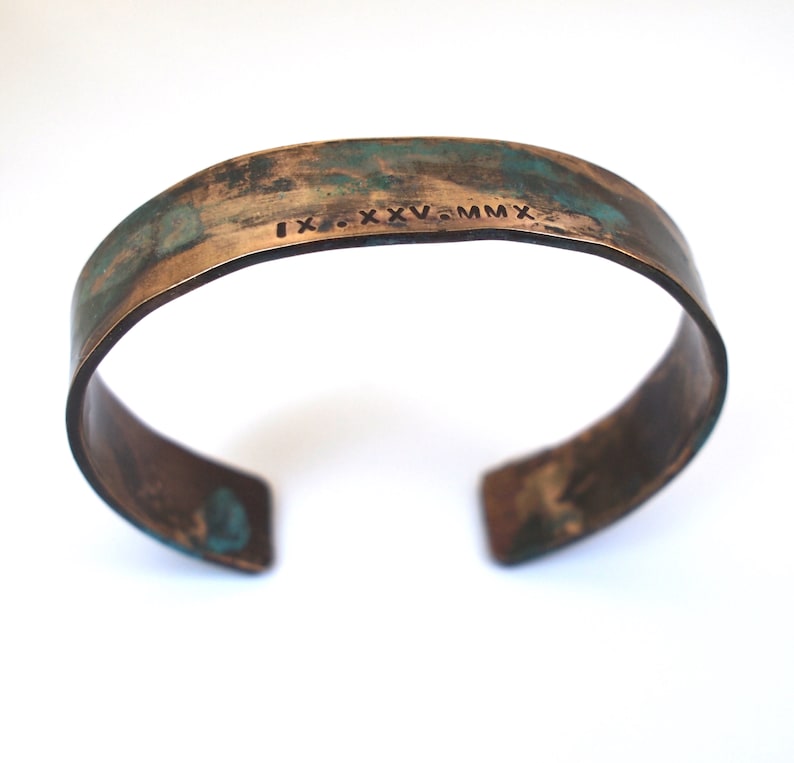 8th Anniversary Gift Ladies Bronze Roman Numeral Bracelet with Verdigris Patina
