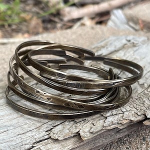 Delicate Hammered Bronze Stacking Bangles: Boho Bracelets with Patina