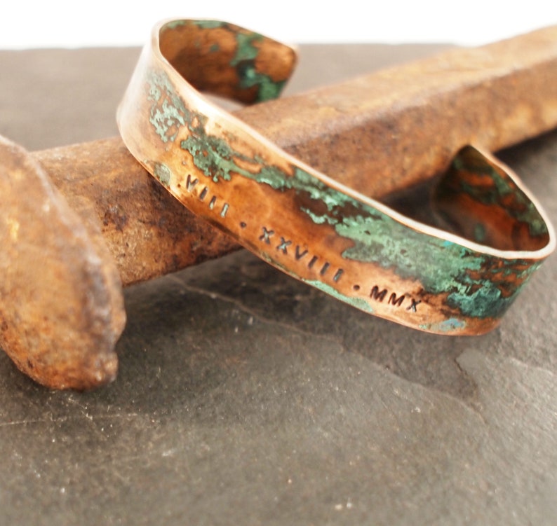 Ladies Copper Roman Numeral Bracelet with Verdigris Patina, 7th or 22nd Anniversary Gift image 7