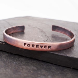 Copper Anniversary Bracelet, Oxidized Copper FOREVER cuff, 7th Anniversary Gift image 3