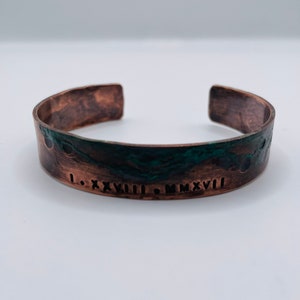 Ladies Copper Roman Numeral Bracelet with Verdigris Patina, 7th or 22nd Anniversary Gift image 2