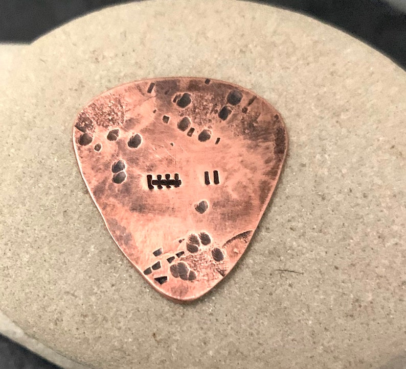 Copper Guitar Pick, 22 Tally Marks, 7th or 22nd Anniversary Gift, Distressed Metal Pick, 7 Hatch Marks Pick Only