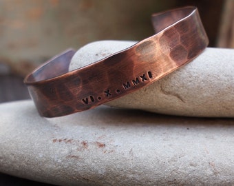 Ladies Copper Cuff, Roman Numeral Bracelet,  7th or 22nd Anniversary Gift