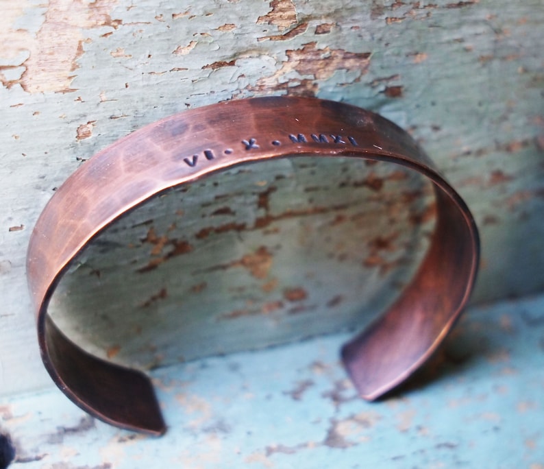 Men's Copper Bracelet, Oxidized Copper Cuff, Roman Numeral Bracelet, 7th Anniversary Gift image 4