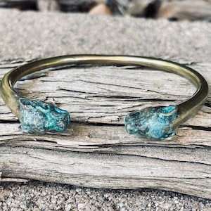 Solid Brass Panther Head Cuff Bracelet with Verdigris Patina