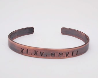 Men's Roman Numeral Date Bracelet, 7th or 22nd Anniversary Gift, Copper Anniversary for Him