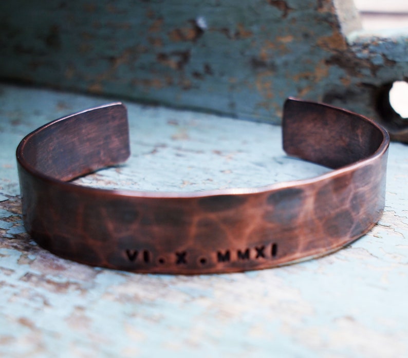 Men's Copper Bracelet, Oxidized Copper Cuff, Roman Numeral Bracelet, 7th Anniversary Gift image 9