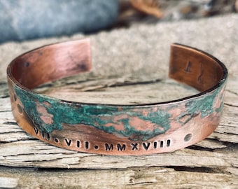 Copper Roman Numeral Bracelet with Verdigris Patina, 7th or 22nd Anniversary Gift, Custom Date Bracelet, Unique Copper Gift for Partner