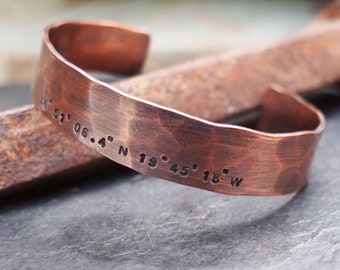 Men's Location Coordinates Bracelet,  Copper Gift For Him, Latitude Longitude Cuff
