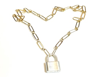 Silver Padlock on 14kt Gold Filled link Necklace, Paper Clip Necklace with sterling Silver Padlock