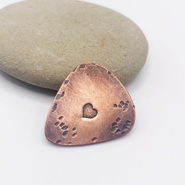 Copper Guitar Pick, Heart Pick , Copper Anniversary Gift, 7th or 22nd Anniversary, Distressed Metal Pick