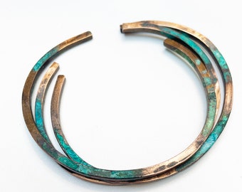 Square Copper Bangles With Verdigris Patina, Copper Anniversary Gift, 7 or 22 Year Anniversary, Boho Bangles