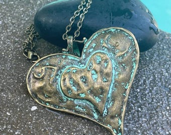 Unique Bronze Necklace, Large Bronze Heart With Verdigris Patina