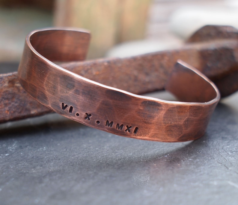 Men's Copper Bracelet, Oxidized Copper Cuff, Roman Numeral Bracelet, 7th Anniversary Gift image 8