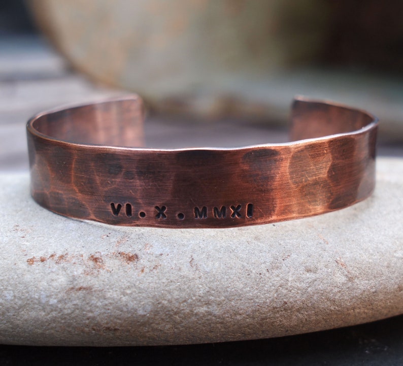 Men's Copper Bracelet, Oxidized Copper Cuff, Roman Numeral Bracelet, 7th Anniversary Gift image 5