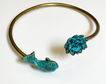 Koi Fish and Lotus Flower Bracelet with Verdigris Patina