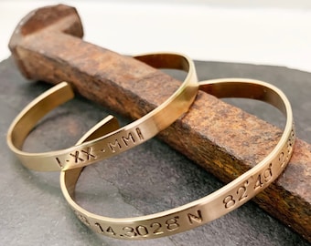 Map Coordinates and Roman Numeral Date Bracelet Set, Bronze 8th or 19th Anniversary Gift, Wedding Day Gift