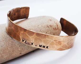 Ladies Bronze Roman Numeral Bracelet, 8th Anniversary Gift, Hammered Bronze Cuff