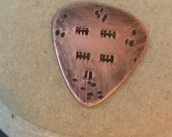 Copper  Guitar Pick, 22 Tally Marks, 7th or 22nd  Anniversary Gift, Distressed Metal Pick, 7 Hatch Marks