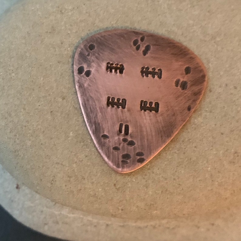 Copper Guitar Pick, 22 Tally Marks, 7th or 22nd Anniversary Gift, Distressed Metal Pick, 7 Hatch Marks image 1