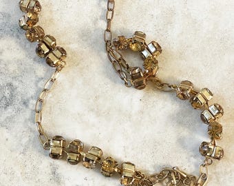 vintage Tour de cou à pompon en ambre : long collier satellite avec strass