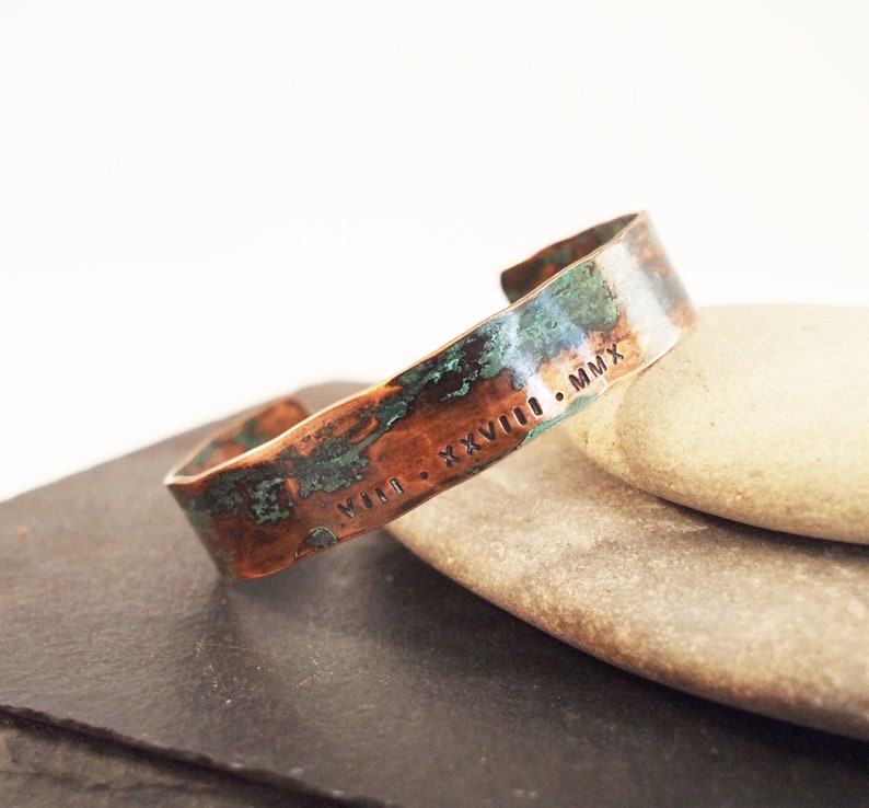 Ladies Copper Roman Numeral Bracelet with Verdigris Patina, 7th or 22nd Anniversary Gift image 1