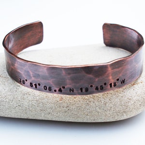 Copper Latitude Longitude Bracelet, 7th or 22nd Anniversary Gift, GPS Coordinates