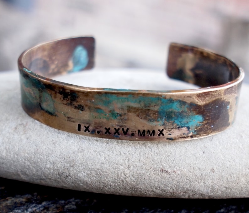 Ladies Bronze Roman Numeral Bracelet with Verdigris Patina, 8th or 19th Anniversary Gift image 1