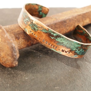 Men's Copper Roman Numeral Date Bracelet with Verdigris Patina, 7th or 22nd Anniversary Gift for Him