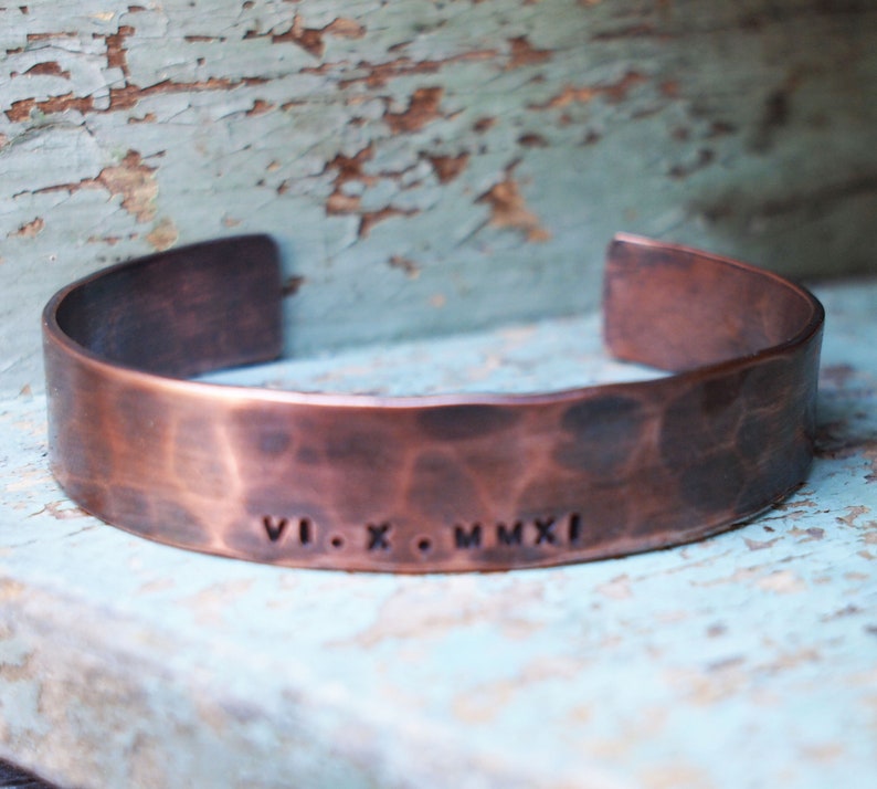 Men's Copper Bracelet, Oxidized Copper Cuff, Roman Numeral Bracelet, 7th Anniversary Gift image 3