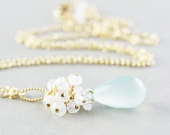 Aqua Chalcedony Necklace, Moonstone Gold Necklace, Mint Necklace, Bridesmaid Gift