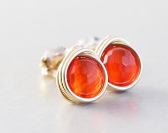 Carnelian Studs, Orange Post Earrings, Orange Studs, Rose Gold, Sterling Silver