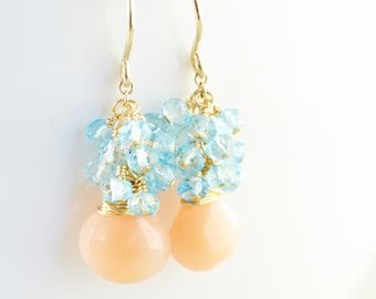 Peach Dangle Earrings, Topaz Cluster Earrings, June Birthstone, Cantaloupe