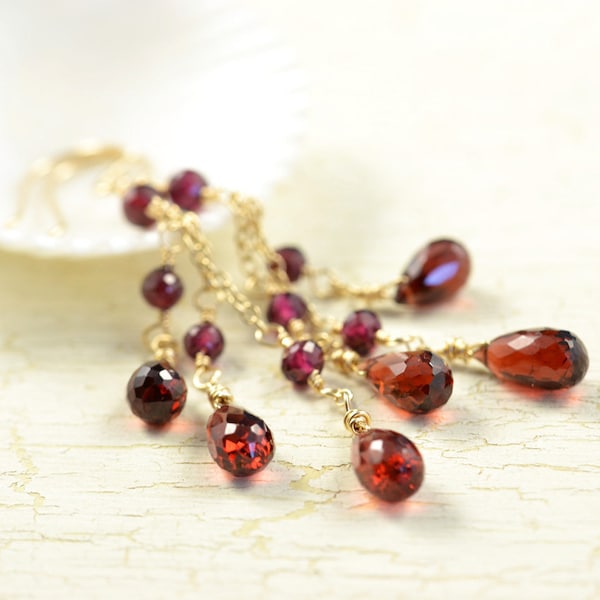 Garnet Cascading Earrings Gold January Birthstone Valentine