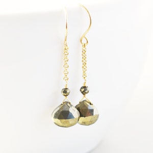 Pyrite Dangle Earrings, Sterling or Gold Chain Earrings, Brown Drop Earrings image 1