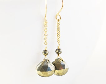 Pyrite Dangle Earrings, Sterling or Gold Chain Earrings, Brown Drop Earrings