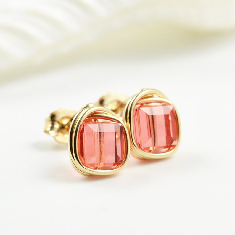 Pink Salmon Post Earrings, Salmon Posts, Bridesmaid Earrings, Swarovski Studs image 1