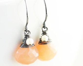 Peach Dangle Earrings, June Birthday, Moonstone Drop , Sterling, Oxidized, Gold