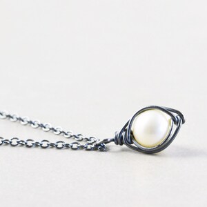 Pearl Drop Necklace, White Freshwater Pearl, Oxidized Sterling, June, Silver, Gold, Rose Gold image 2