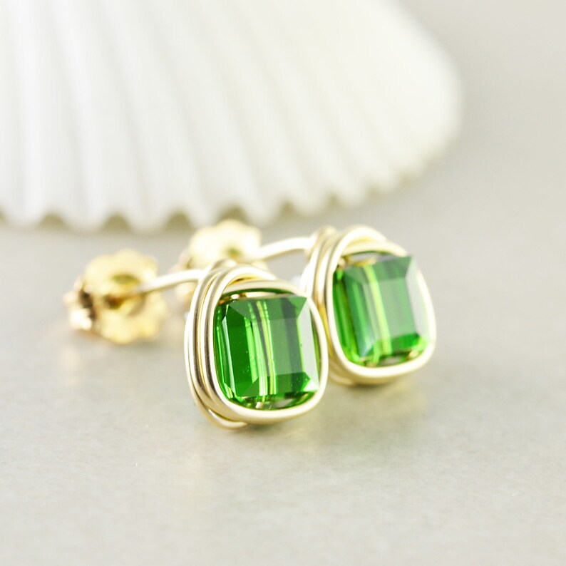 Green Studs, Square Crystal Posts, Green Cube Earrings, Swarovski, Silver, Gold, Rose Gold image 2